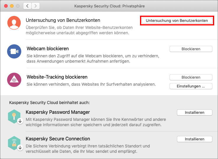 Das Fenster „Privatsphäre“ in Kaspersky Security Cloud für Mac