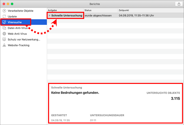 Das Fenster mit Untersuchungsberichten in Kaspersky Security Cloud für Mac