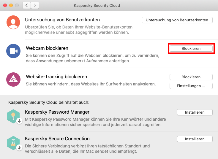 Blockieren des Zugriffs auf die Webcam in Kaspersky Security Cloud für Mac