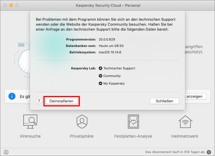 Deinstallation von Kaspersky Security Cloud für Mac