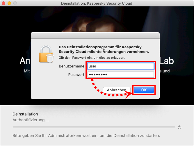 Eingabe des Namens und des Kennworts des Administratorkontos bei der Deinstallation von Kaspersky Security Cloud für Mac