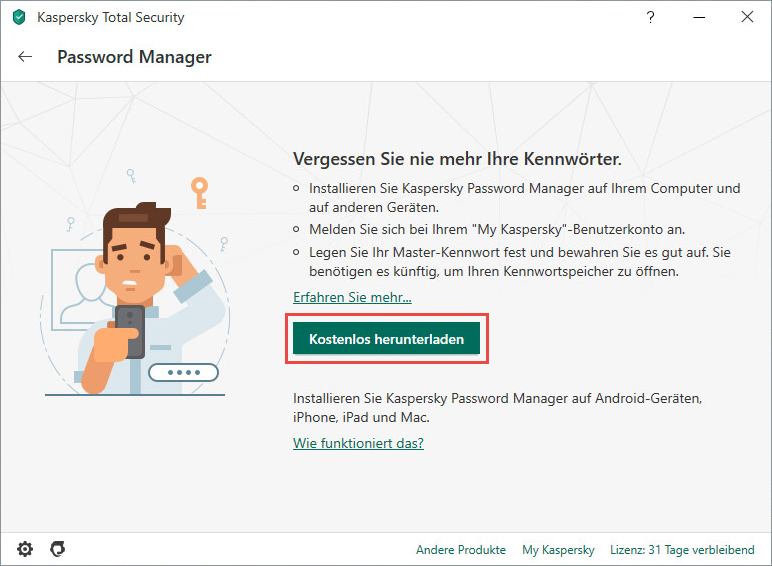 Installation von Kaspersky Password Manager über die Benutzeroberfläche von Kaspersky Total Security