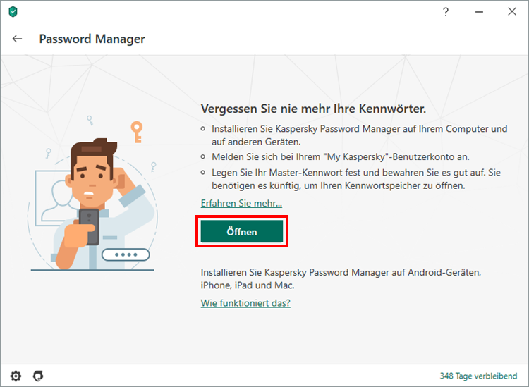 Öffnen von Kaspersky Password Manager über die Benutzeroberfläche von Kaspersky Total Security