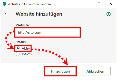 Das Fenster „Website hinzufügen“ in den Anti-Banner-Einstellungen in Kaspersky Security Cloud