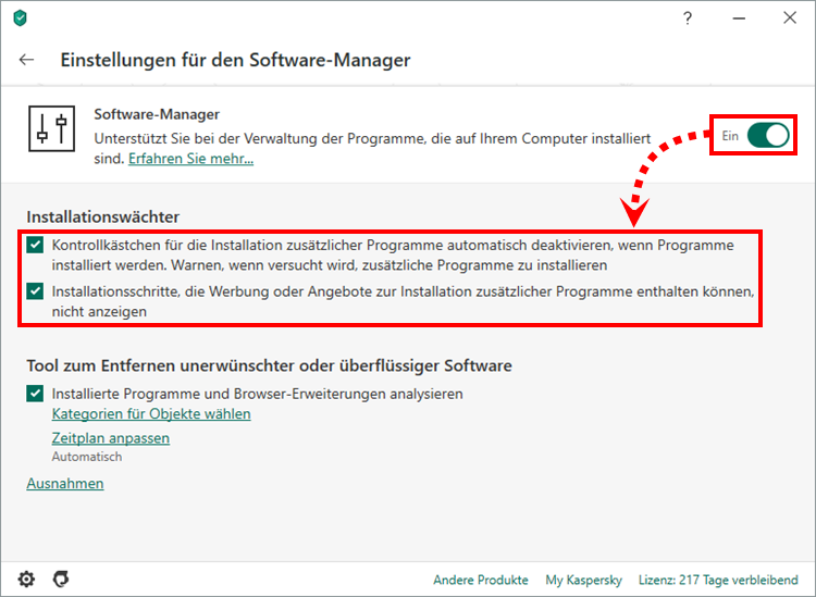 Das Fenster „Einstellungen für den Software-Manager“ in Kaspersky Security Cloud