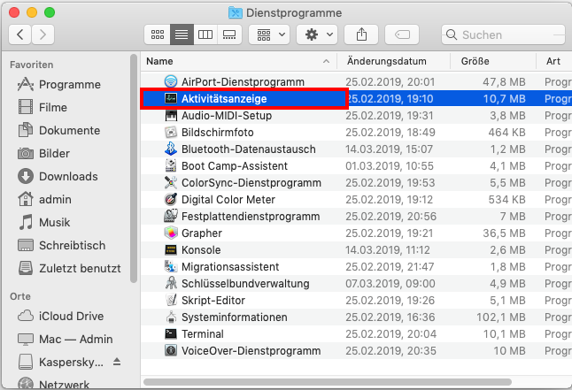 Das Fenster „Dienstprogramme“ in macOS.