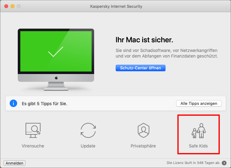 Das Hauptfenster von Kaspersky Internet Security für Mac
