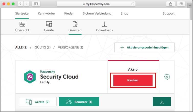 Переход к продлению подписки Kaspersky Security Cloud