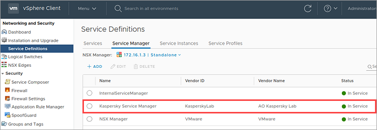 Überprüfung des registrierten Dienstes Kaspersky Service Manager