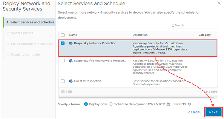 Auswahl des Dienstes Kaspersky Network Protection