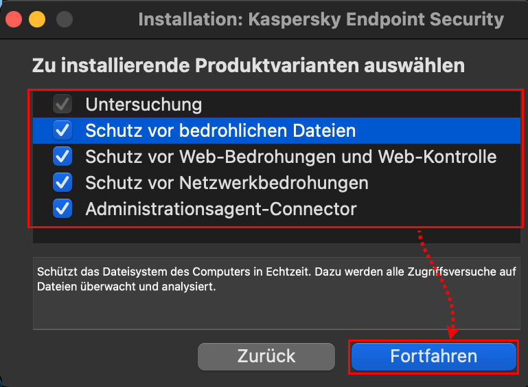 Benutzerdefinierte Installation von Kaspersky Endpoint Security 11 für Mac