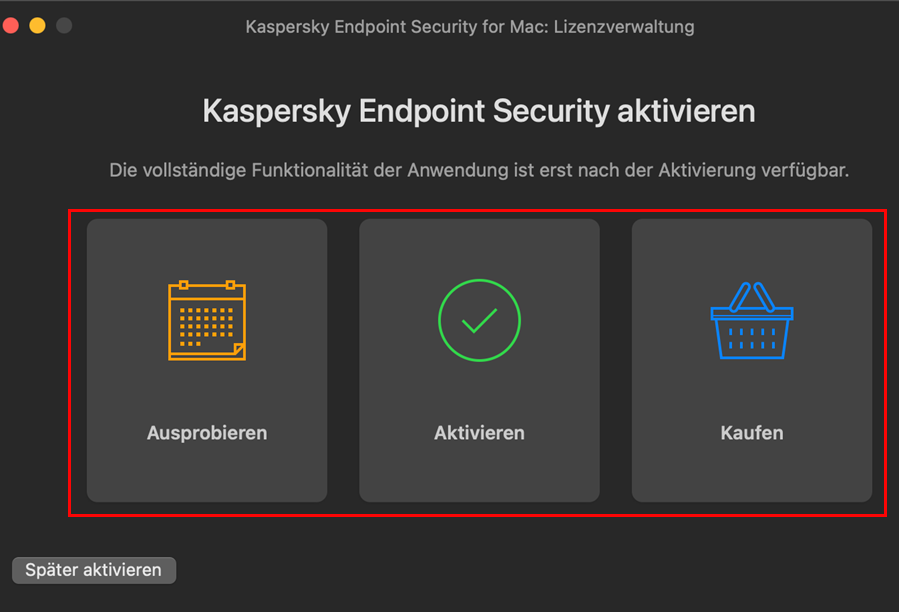 Auswahl einer Aktivierungsmethode für Kaspersky Endpoint Security 11 für Mac