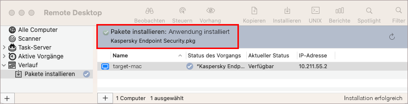 Das Ergebnis der Installation von Kaspersky Endpoint Security 11 für Mac in Apple Remote Desktop