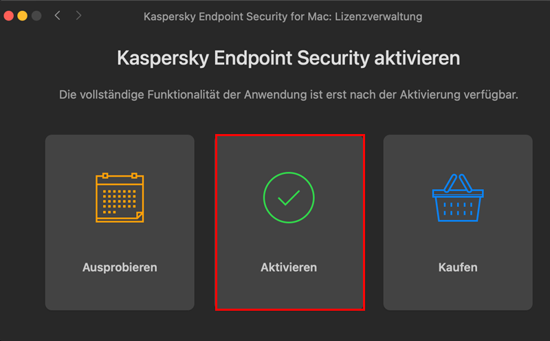 Auswahl einer Aktivierungsmethode für Kaspersky Endpoint Security 11 für Mac