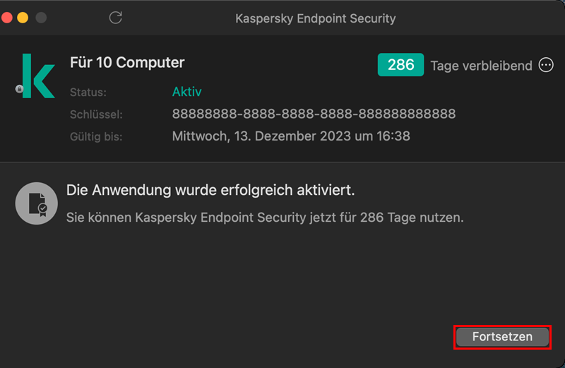 Bestätigung der Aktivierung von Kaspersky Endpoint Security 11 für Mac