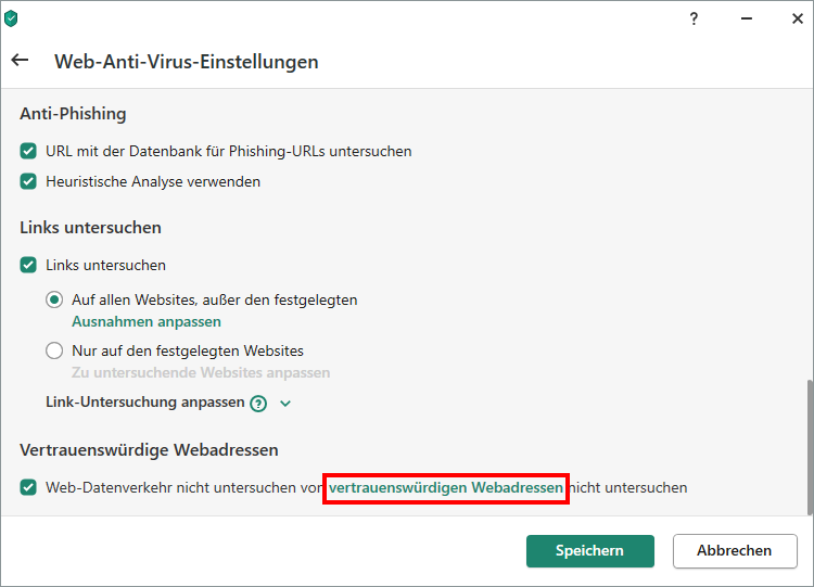 Das Fenster „Web-Anti-Virus-Einstellungen“ in einem Kaspersky-Programm