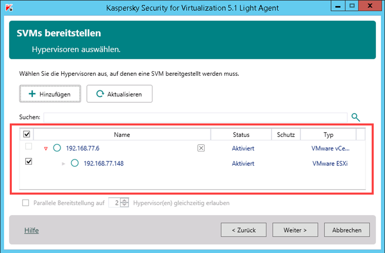 Liste der Hypervisoren in Kaspersky Security for Virtualization 5.1 Light Agent