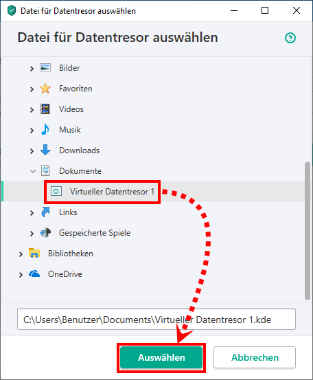 Das Fenster „Datei für Datentresor auswählen“ in Kaspersky Total Security