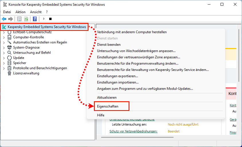 Das Fenster der Konsole für Kaspersky Embedded Systems Security für Windows.