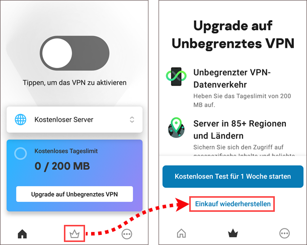 Wiederherstellen des Abonnements für Kaspersky VPN Secure Connection für Android über den Google Play Store.