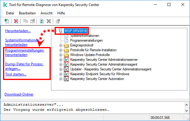 Das Fenster des Tools für Remote-Diagnose von Kaspersky Security Center