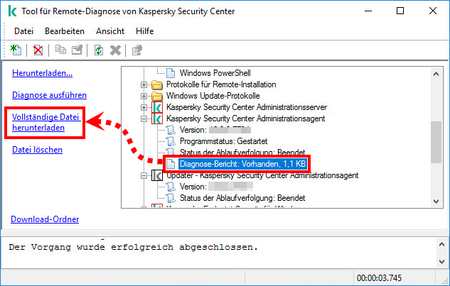 Das Fenster des Tools für Remote-Diagnose von Kaspersky Security Center