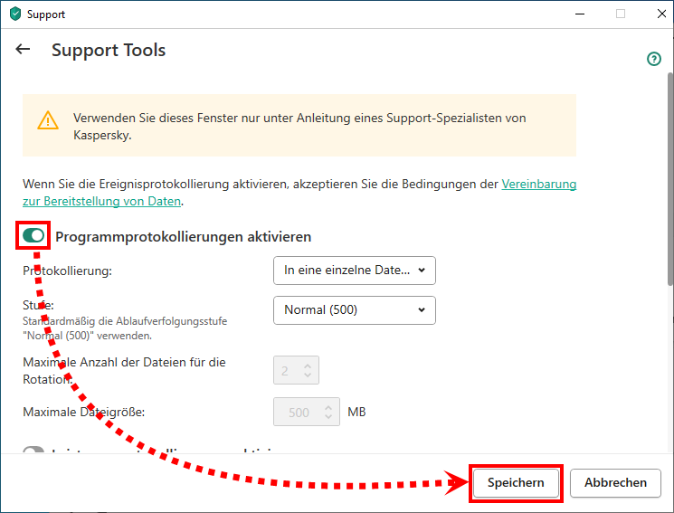Das Fenster „Support Tools“ in Kaspersky Total Security