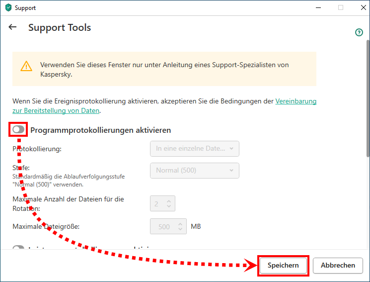 Das Fenster „Support Tools“ Kaspersky Total Security