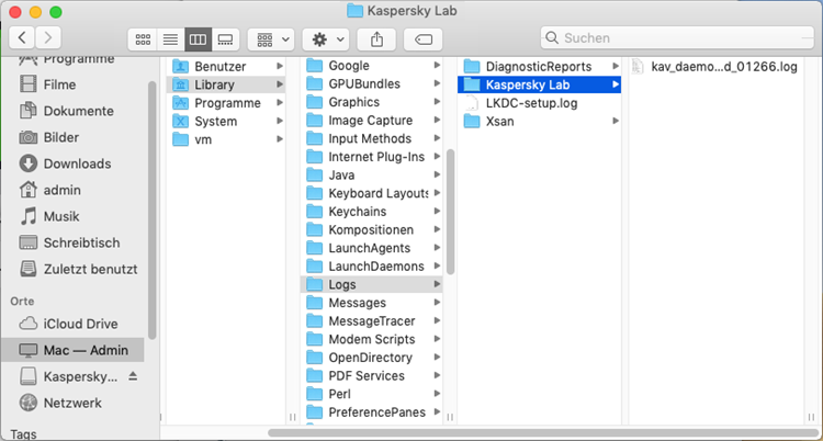 Ordner mit Protokolldateien von Kaspersky Internet Security für Mac