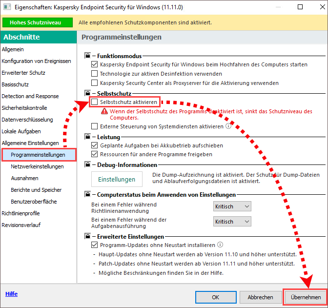 Deaktivierung des Selbstschutzes in den Eigenschaften der Richtlinie für Kaspersky Endpoint Security für Windows.