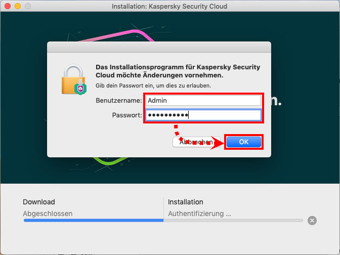 Eingabe des Namens und des Kennworts des Administratorkontos bei der Installation von Kaspersky Security Cloud für Mac