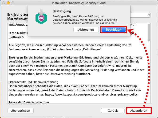 Das Fenster des Installationsassistenten von Kaspersky Security Cloud für Mac