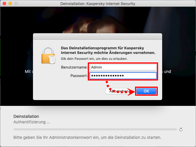 Eingabe des Namens und des Kennworts des Administratorkontos bei der Deinstallation von Kaspersky Internet Security für Mac