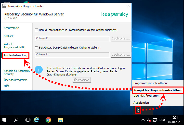 Das kompakte Diagnosefenster in Kaspersky Security 11.x für Windows Server