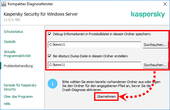 Das Fenster „Kompaktes Diagnosefenster“ in Kaspersky Security 11.x für Windows Server