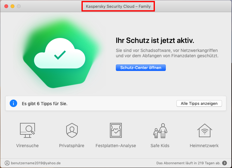 Das Hauptfenster von Kaspersky Security Cloud für Mac