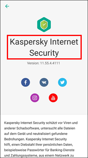 Das Fenster mit den App-Infos in Kaspersky Internet Security für Android