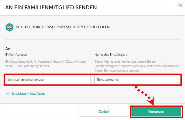 Eingabe der E-Mail-Adresse und des Namens des Empfängers beim Senden des Abonnements für Kaspersky Security Cloud