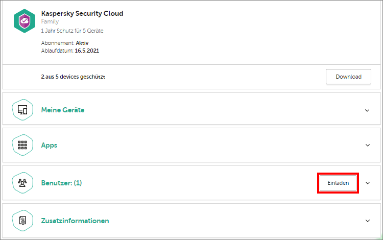 Einladung eines anderen Benutzers zum Verwenden von Kaspersky Security Cloud