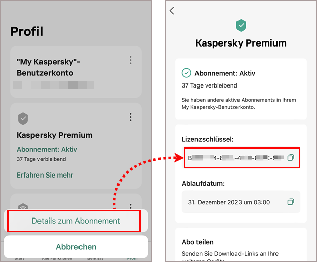 Abrufen des Lizenzschlüssels in der Kaspersky-App.