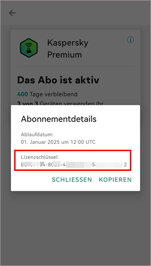 Das Fenster „Abonnementdetails“ in Kaspersky VPN Secure Connection für Android.