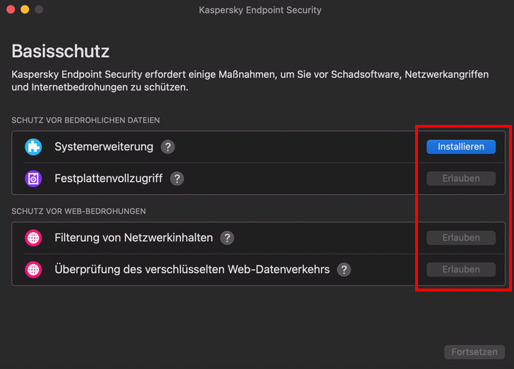 Das Fenster „Basisschutz“ in Kaspersky Endpoint Security 11 für Mac