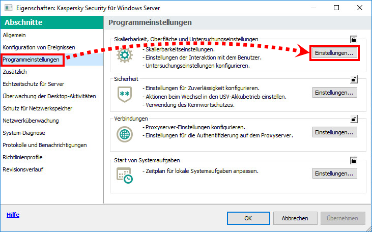 Das Fenster der Eigenschaften der Richtlinie für Kaspersky Security für Windows Server.