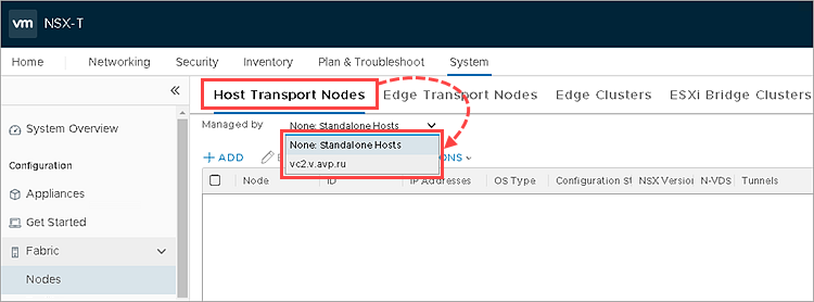 Registerkarte „Host Transport Nodes“ im Abschnitt „Nodes“ in der Web-Konsole des VMware NSX Manager