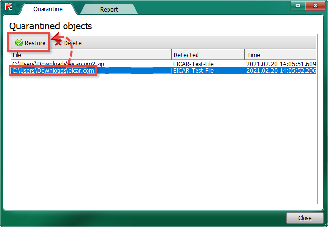 Das Fenster „Quarantined objects“ in Kaspersky Virus Removal Tool