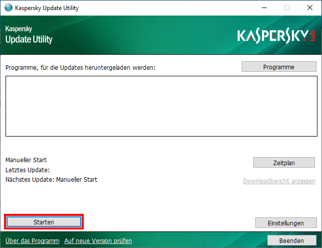 Das Hauptfenster von Kaspersky Update Utility für Windows