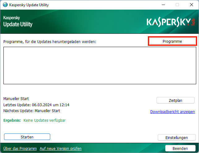 Das Hauptfenster von Kaspersky Update Utility für Windows