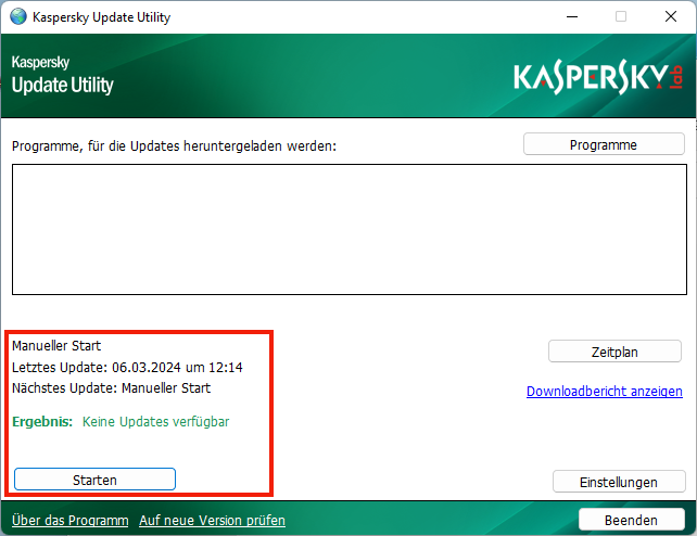 Das Hauptfenster von Kaspersky Update Utility für Windows.