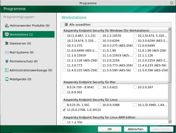 Das Fenster „Programme“ in Kaspersky Update Utility für Linux