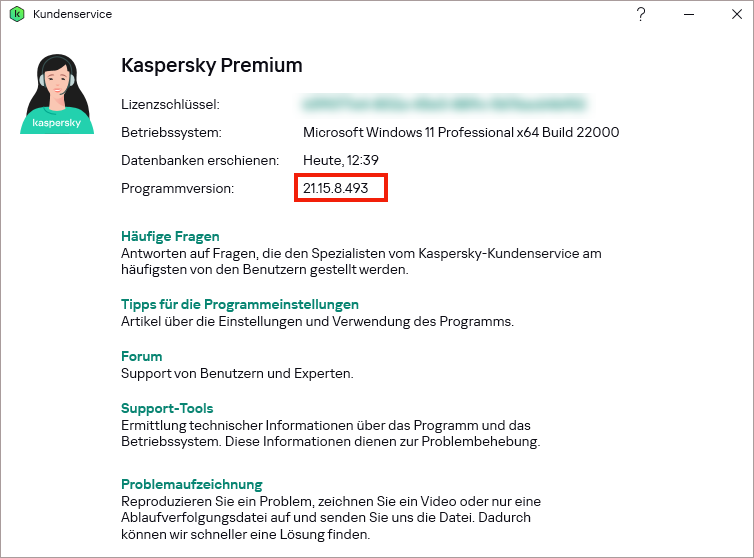 Das Fenster „Kundenservice“ in Kaspersky-Anwendungen.